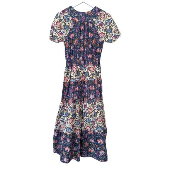 MAISIE Block Print Floral Boho Midi Dress in Ivory & Blue Size Small - Picture 6 of 9